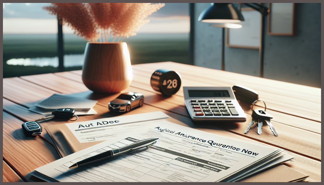 A stack of car insurance policies and a calculator on a desk.