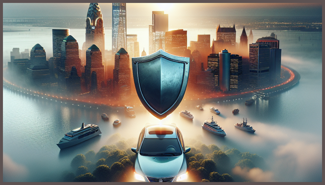 An abstract representation of car insurance with symbols of safety and affordability.