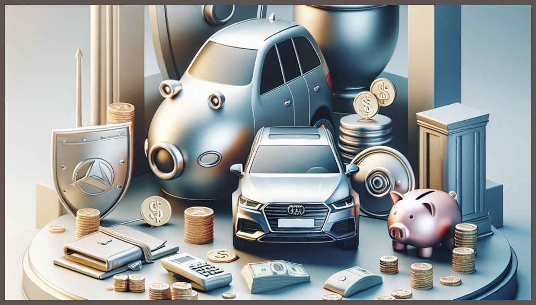 A car with an insurance symbol and a money-saving theme.